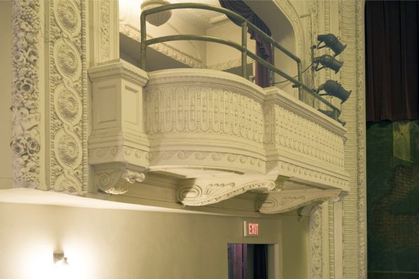 Interior view of balcony and plaster work of the Mineral Point Opera House.