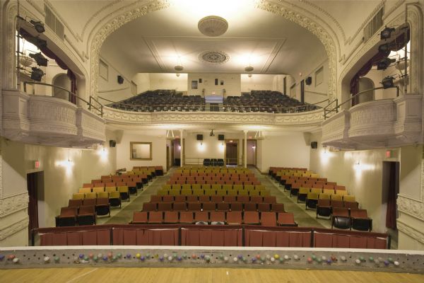View of Mineral Point Opera House auditorium and balconies from the stage.