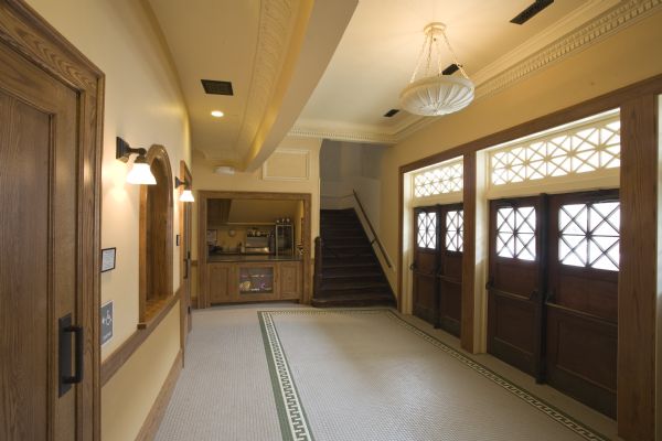 Restored lobby and ticket window of Mineral Point Opera House.