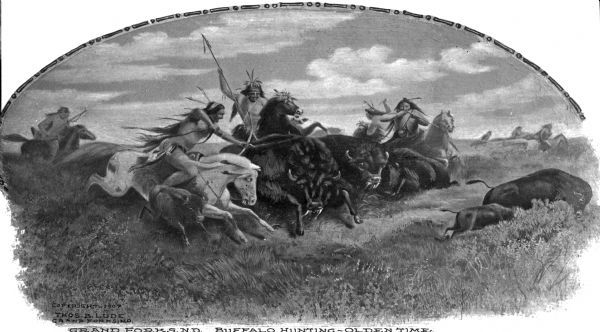 Photograph of a painting of Native Americans hunting buffalo with spears and bows. Text on photograph reads: "Grand Forks, N.D. Buffalo Hunting- Olden Time." and "Copyright 1907 Thos B. Lude Grand Forks, N.D."