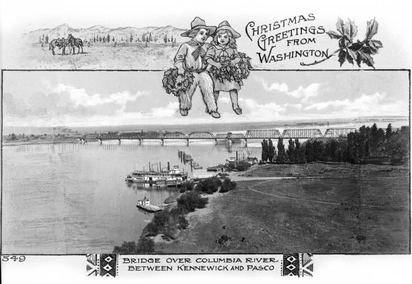 Christmas greeting card depicting the Benton-Franklin Inter-county bridge over the Columbia River connecting Kennewick and Pasco, Washington. A riverboat and another smaller vessel can be seen near the shore. Text on card reads: "Christmas Greetings From Washington."
