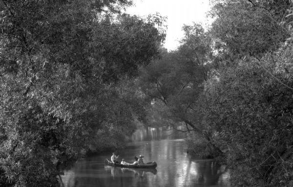 A group of people canoeing on Lovers' Lane, a peaceful river connecting two reservoirs overhung by deciduous trees.