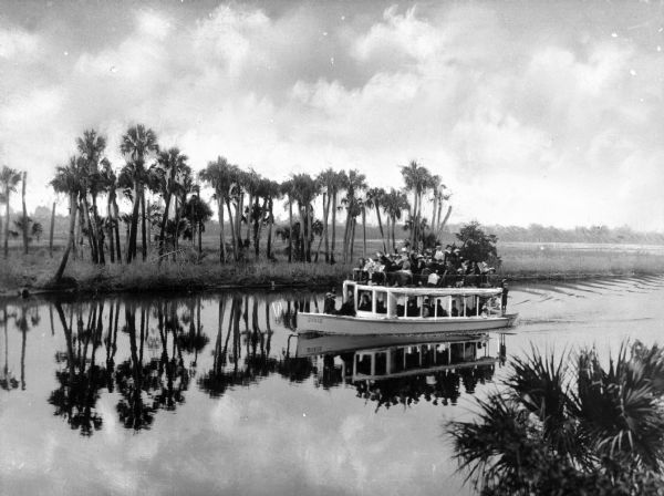 Excursion boating on a river with palm trees in the background.