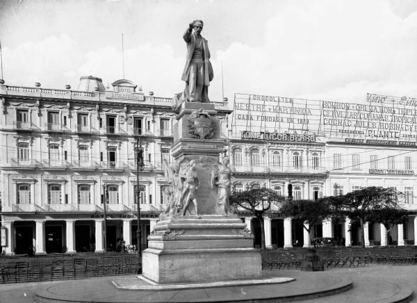 A view of a statue of Jose Marti with Hotel Inglaterra and Hotel Telegrafo in the background Havanna, Cuba.