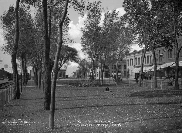 A view of a city park with rows of young trees, a slight fence, a cannon and city buildings visible in the background.  Published by L.A. Taubert, Deutsche Apotheke.