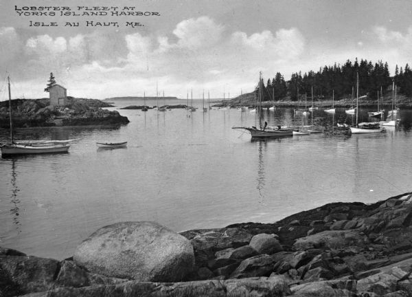 A view of Yorks Island Harbor and lobster fishing boats in a cove. Caption reads: "Lobster Fleet at Yorks Island Harbor, Isle au Haut, Me."