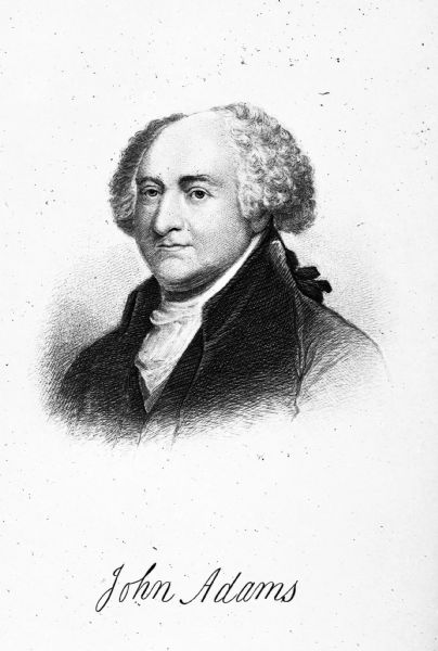An engraved portrait, vignette, derived from the painting by Rhode Island painter Gilbert Stuart (12/3/1755 – 8/9/1828) of John Adams (10/30/1735 – 8/4/1826), the second President of the United States (1797–1801), and the first Vice President (1789–1797).