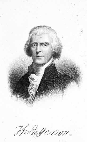 An engraved portrait (most likely by by Rhode Island painter Gilbert Stuart (12/3/1755-8/9/1828)) of Thomas Jefferson (4/13/1743 – 7/4/1826), the third President of the United States (1801–1809), the principal author of the Declaration of Independence (1776), and one of the most influential Founding Fathers.