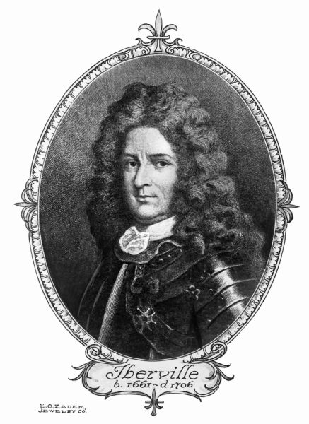A portrait (etching) of Pierre Le Moyne, Sieur d'Iberville (7/16/1661 — c. 7/9/1706), soldier, ship captain, explorer, colonial administrator, knight of the order of Saint-Louis, adventurer, privateer, trader, and founder of the French colony of Louisiana.