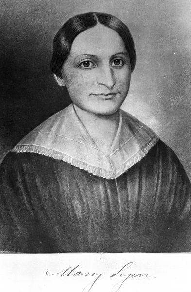 Waist-up portrait of woman's education pioneer, Mary Lyon (2/28/1797 - 3/5/1849).