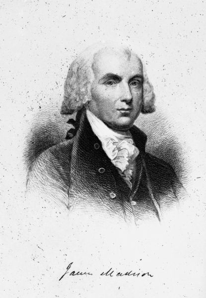 An engraved portrait, vignette, of James Madison (3/16/1751 – 6/28/1836), the fourth President of the United States (1809–1817), derived from a painting by Rhode Island painter Gilbert Stuart.