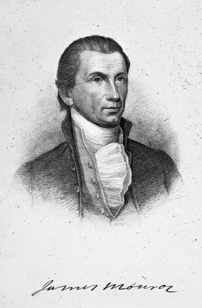 An engraved portrait of James Monroe (4/28/1758 - 7/4/1831), the fifth President of the United States (1817-1825), derived from the painting by neoclassicist John Vanderlyn.