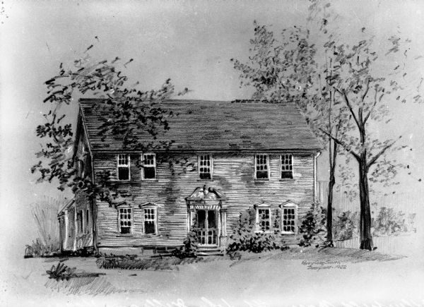 A sketch or lithograph copy of the residence of Reverend John Williams (1664 - 1729), portrays colonial architecture, including the broken-scroll pediment.