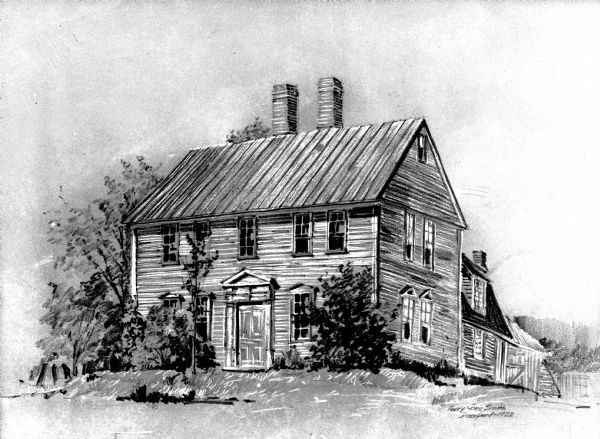 A sketch or lithograph copy of the Colonial Sheldon Homestead, the residence of Daniel Sheldon, a physician.