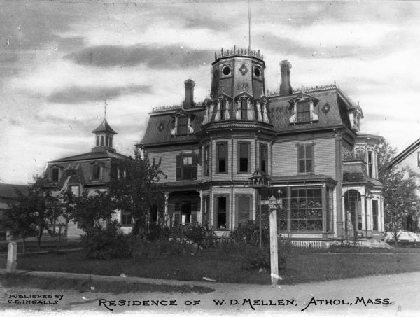 A view of the large home of W.D. Mellen on the corner of silver lake and crescent street. Caption reads: "Residence of W.D. Mellen, Athol, Massachusetts."