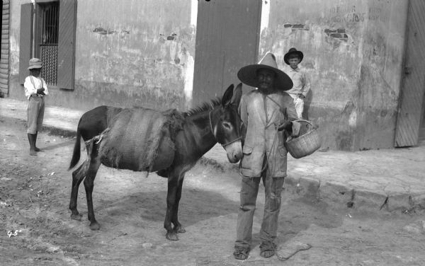 A view of a man and a donkey standing in the street. Young children are standing in the background.