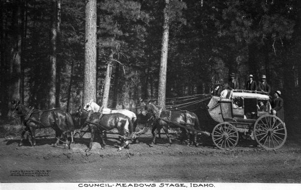View of a group on a stagecoach pulled by six horses passing through the woods. Caption reads: "Council-Meadows Stage, Idaho."
