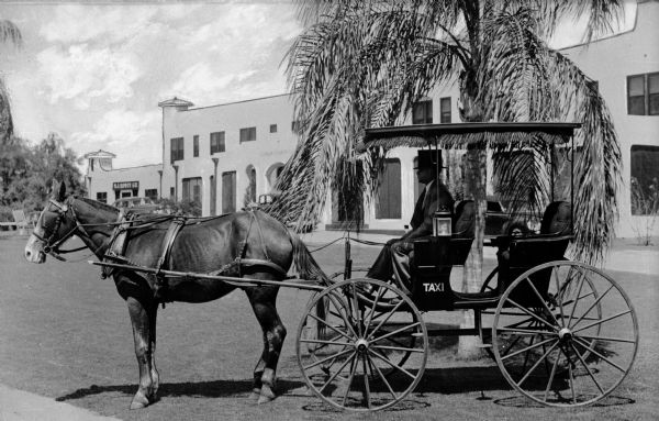 Using a surrey as a taxi for a resort hotel, a man poses in the covered carriage in front of a tree. The city of Howey was founded in 1925, but its name changed two years later to Howey-in-the-Hills, reflecting the city's landscape.