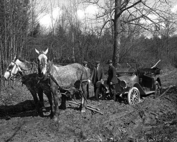 Three men stand with two horses trying to pull a car out of the mud.
