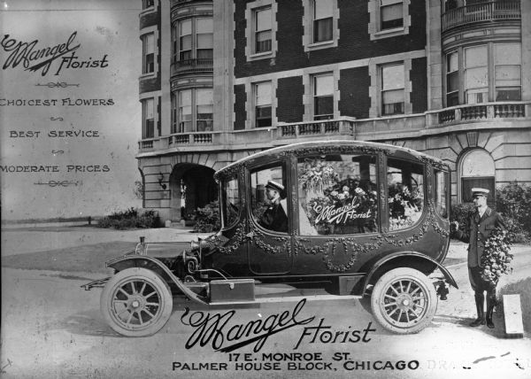 Shown is the car for Mangel Florist, offering "choicest flowers, best service, and moderate pricing." John Venizelos, taking the name 'Mangel' after immigrating, founded Mangel Florist, which moved from the Palmer House to the Drake Hotel in 1920.