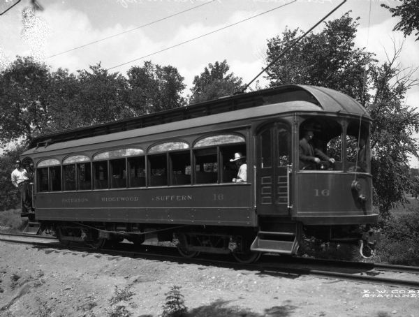 Ridgewood's first trolley-train car.  The car reads, "Patterson - Ridgewood - Suffern."