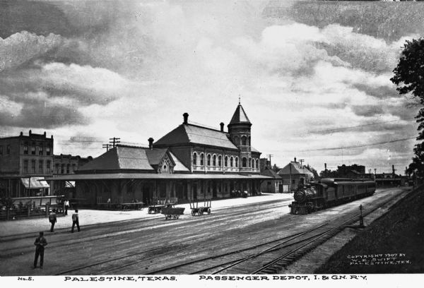 The passenger depot of the International Great Northern Railroad formed on September 30, 1873, by the consolidation of the International Railroad Company and the Houston and Great Northern Railroad. Caption reads: "Palestine, Texas, Passenger Depot, I. & G.N. R'Y."
