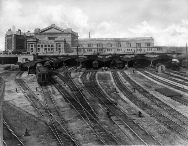 Elevated view over multiple sets of tracks toward the Union Station. The station was built in 1914 and took up 850,000 square feet of land. Tens of thousands of passengers came through the Union Railroad Station each year.