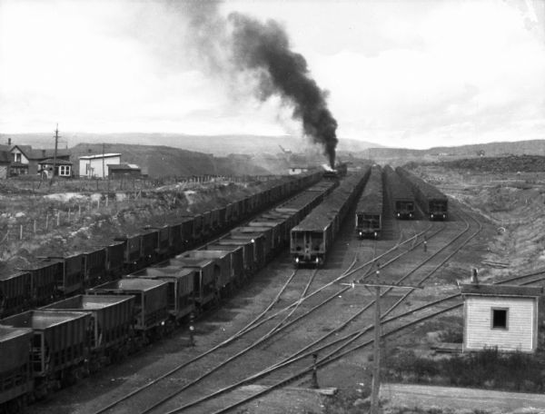 Elevated view of railroad cars transporting iron ore from the Mesabi Iron Range, once important because of the discovery of hematite, and then for its large supply of taconite. A residential area of Virginia is in the background on the left.