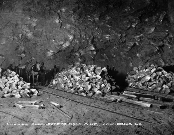 A group of men loading salt at Avery's salt mine, the oldest salt mine in North America. Caption reads: "Loading Salt - Avery's Salt Mine, New Iberia, LA."