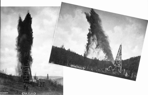 A top flow and a side flow of an oil well are shown in Bradford, the home town of American Refining Group oil refinery, the oldest continuously operating refinery in the United States. Oil was first discovered in Bradford Field in 1871. Caption of image on left reads: "Top Flow" and the one on the right reads: "Side Flow."