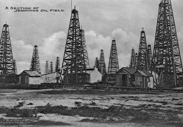 A section of the Jennings oil field. Jennings was the location of the first oil well and oil field in the state of Louisiana. Caption reads: "A Section of Jennings Oil Field."
