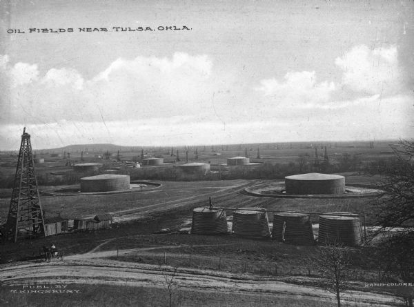 A vast oil field displays how Oklahoma became the the largest oil-producer in the country. Caption reads: "Oil Fields near Tulsa, Okla."
