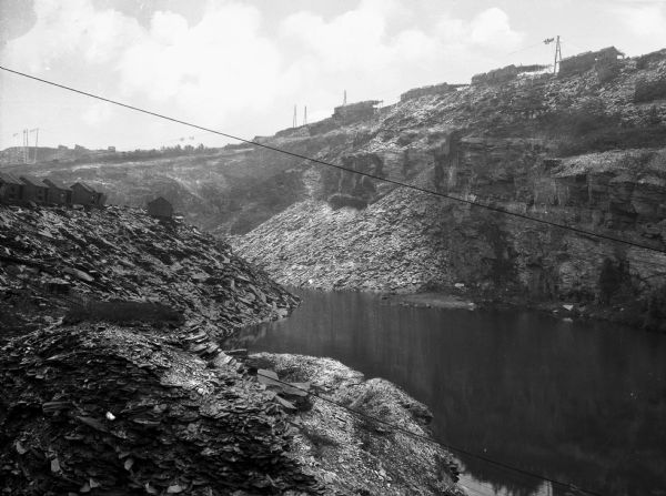 A view of a slate mine. The slate industry was begun in Bangor by Robert M. Jones in 1848 and the region became a major world center for slate.