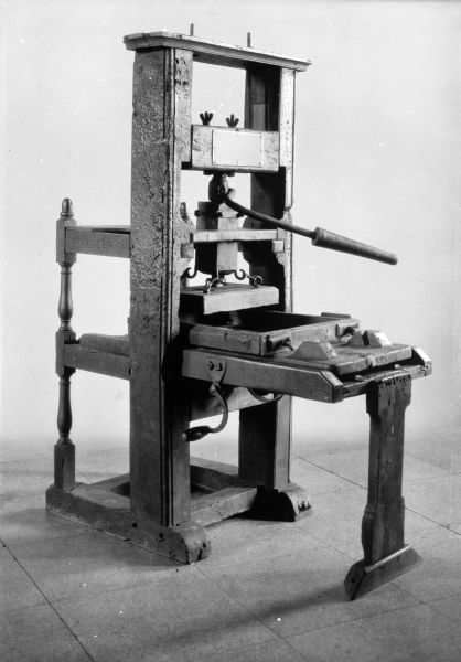 An early printing press exhibited at the Smithsonian Institute.