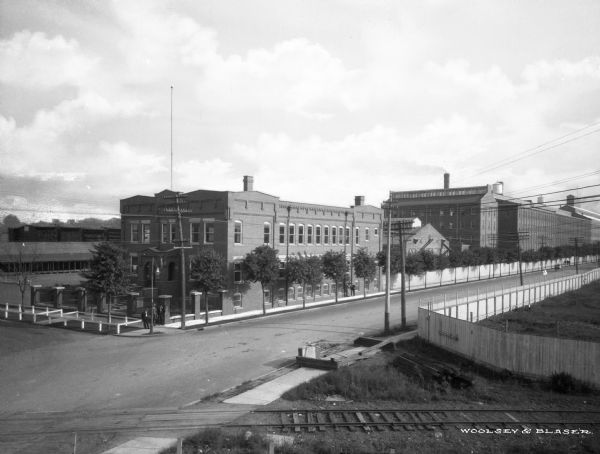 Elevated view over railroad tracks and streets toward the Diamond Match Company, established in 1881 and the largest manufacturer of matches in the United States of America by the late nineteenth century.