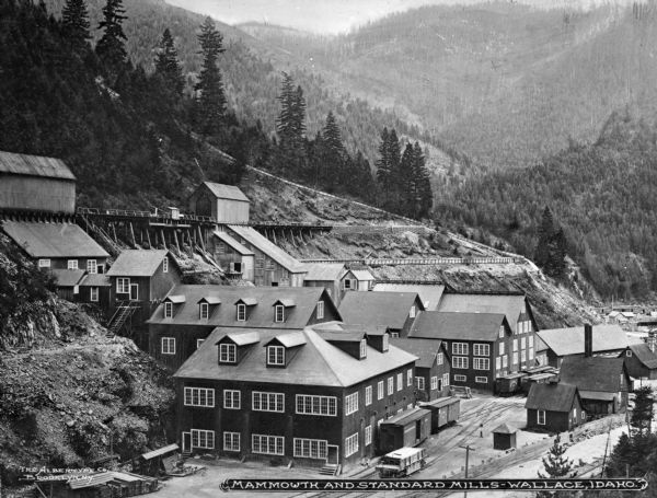 The Mammoth and Standard Mining Mills has been producing silver, gold, lead, zinc and copper continuously since 1884. Caption reads: "Mammouth and Standard Mills — Wallace, Idaho."