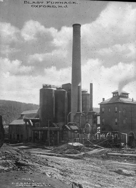 Exterior of the Oxford Furnace. This was the site of the first hot blast furnace in the United States, and was the longest continuous iron producer from 1741-1884. Caption reads: "Blast Furnace, Oxford, N.J."