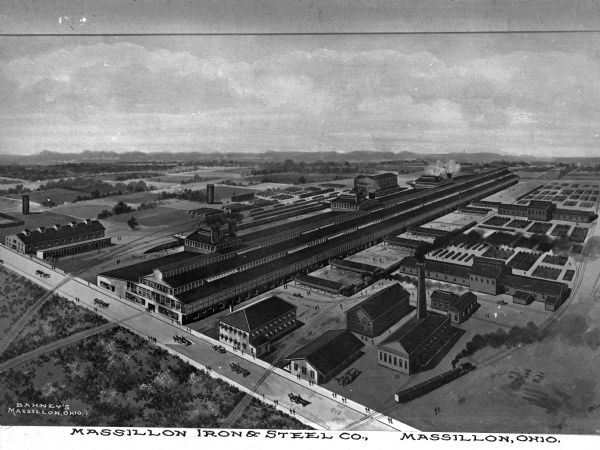 Elevated view of Massillon Iron and Steel Works, which rolled its first sheet of steel in 1909. Caption reads: "Massillon Iron & Steel Co., Massillon, Ohio."