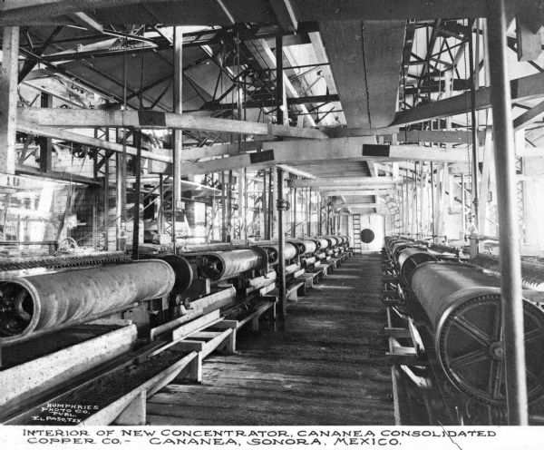 The interior of Cananea Consolidated Copper Company is shown.  The company was founded in 1899 in Cananea, Sonora, Mexico.  Photograph published by Humphries Photo Company.