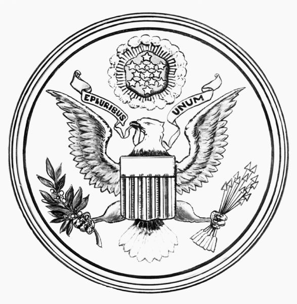 The United States seal features a shield and an eagle holding an olive branch and arrows.  A scroll reads, "E PLURIBUS UNUM."