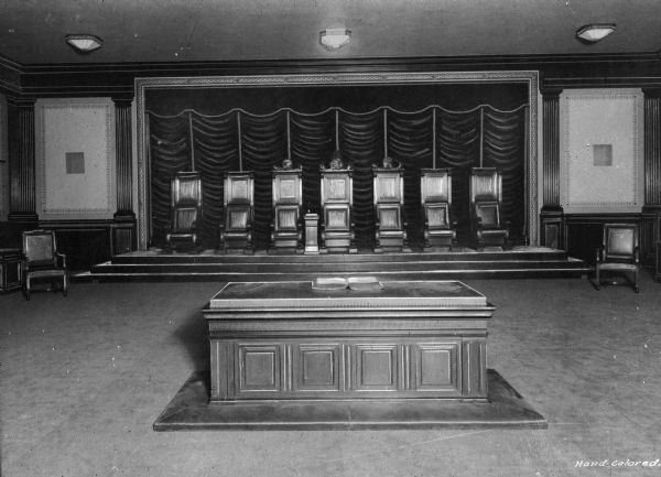 A view of an altar and seating in a Masonic Temple of the Asylum Knights Templar, an international philanthropic chivalric order affiliated with Freemasonry.