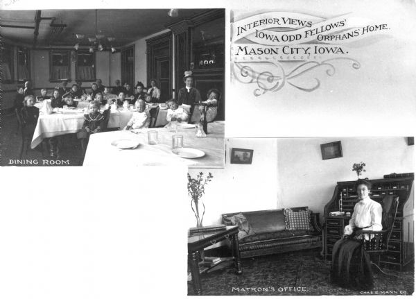 A composite photograph showing two images of Iowa Odd Fellows Orphans' Home. The upper right photograph is a view of the children and adults at the dining room table. The lower left photograph shows the matron in her office, which holds a couch, table, desk, and flowers.