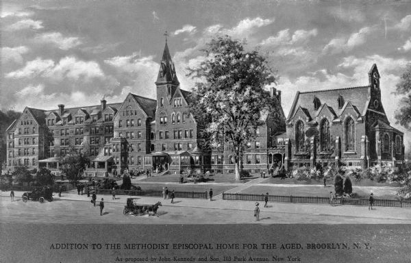 Front view of the addition to the Methodist Episcopal Home for the Aged, founded on May 10, 1883. Pedestrians are crossing the street near an automobile and a horse-drawn carriage. Caption reads: "Addition to the Methodist Episcopal Home for the Aged, Brooklyn, N.Y."