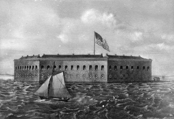 A painting of a harbor view of Fort Sumter. A sailboat sails through the foreground waters, and the fort is in the background, with a United States flag waving on a pole.