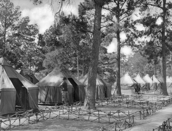 A view of a man in uniform standing near a row of tents in a wooded area at Camp Logan.
