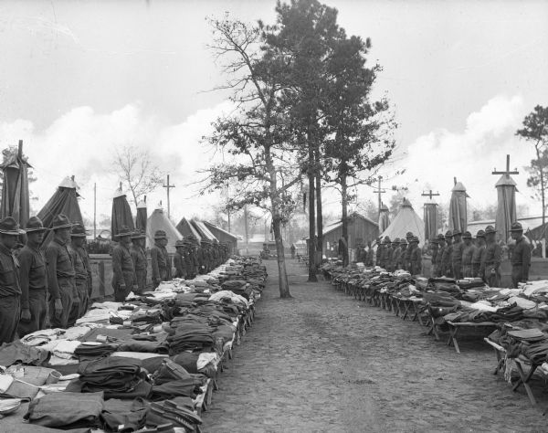 A view of two rows of soldiers by their cots with equipment on top and tents with their tops drawn back during a company inspection.