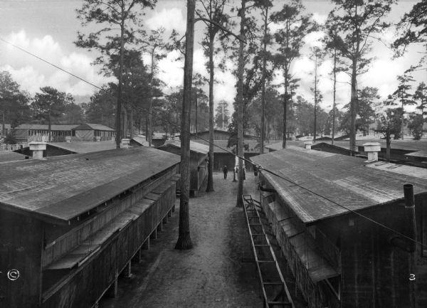 A view of the barracks in a wooded area of the United States Naval Training Camp. A man stands between the barracks and trees in the center.