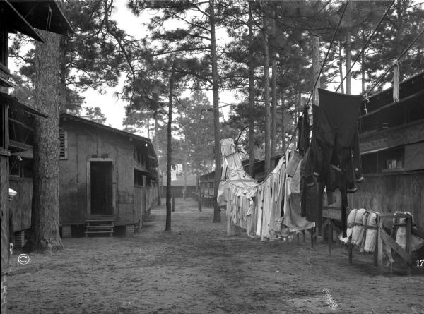 A view of uniforms hanging on a clothesline and cabins in a wooded area at the United States Naval Training Camp.