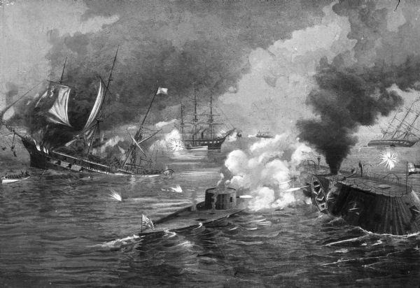 A painting of 'The Battle Between the Monitor and the Merrimac.' The work commemorates the Battle of Hampton Roads, fought on March 8–9, 1862, and depicts the two ironclad ships in the harbor at Fortress Monroe. Other wooden warships struggle in the distance, and smoke rises from the battle scene.