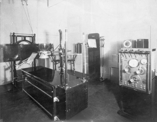 Interior of the treatment room at Saint Mary's Sanatorium, founded in 1880 by Bishop Salpointe. The room holds a variety of medical equipment.